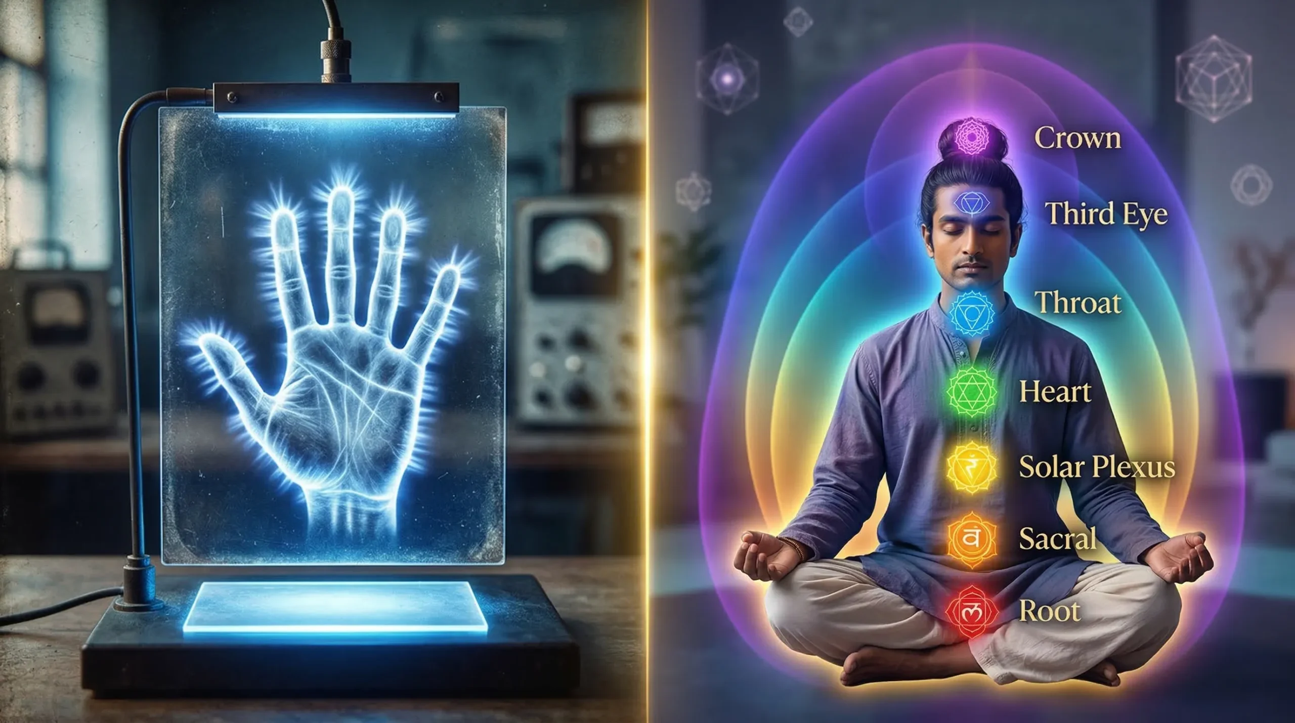 Mukesh Shah comparing Kirlian photography corona discharge technique on the left with Aura Photo Science complete seven-zone biofield analysis on the right in indigo, violet, gold and teal