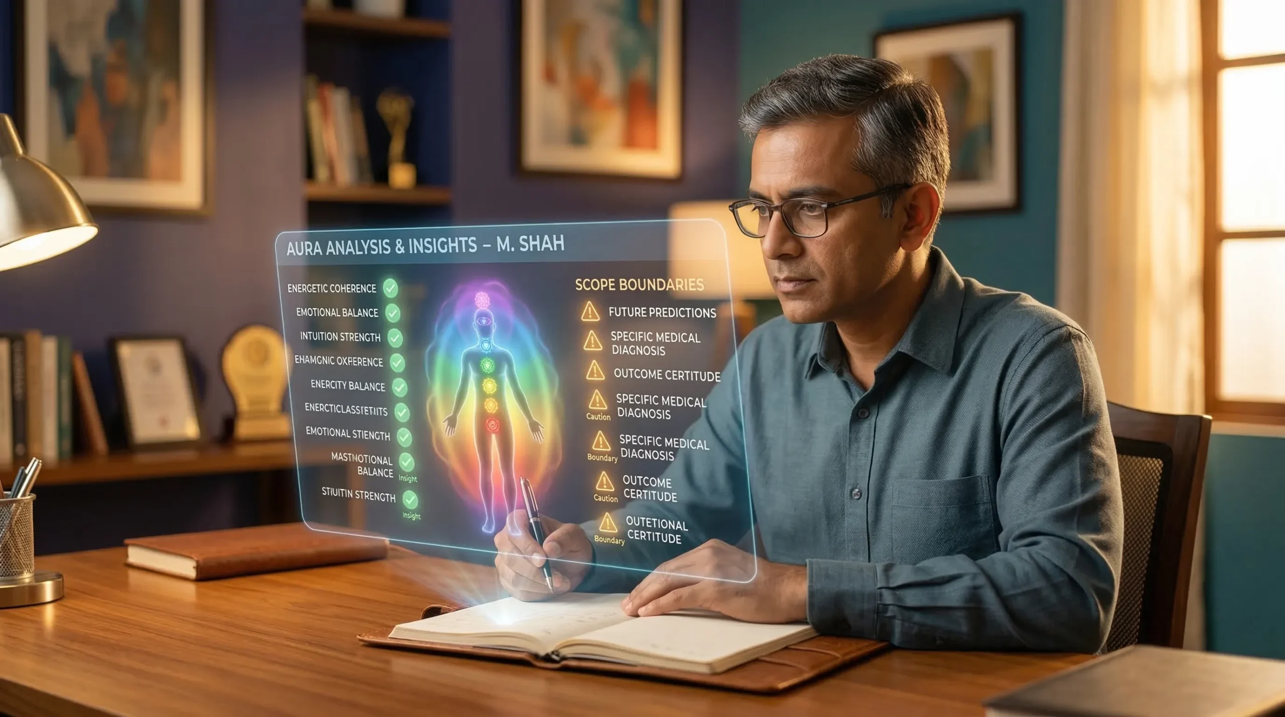 Mukesh Shah examining the honest limitations of aura science interpretations with a holographic aura display showing scope boundaries in indigo, teal and gold at Aura Photo Science