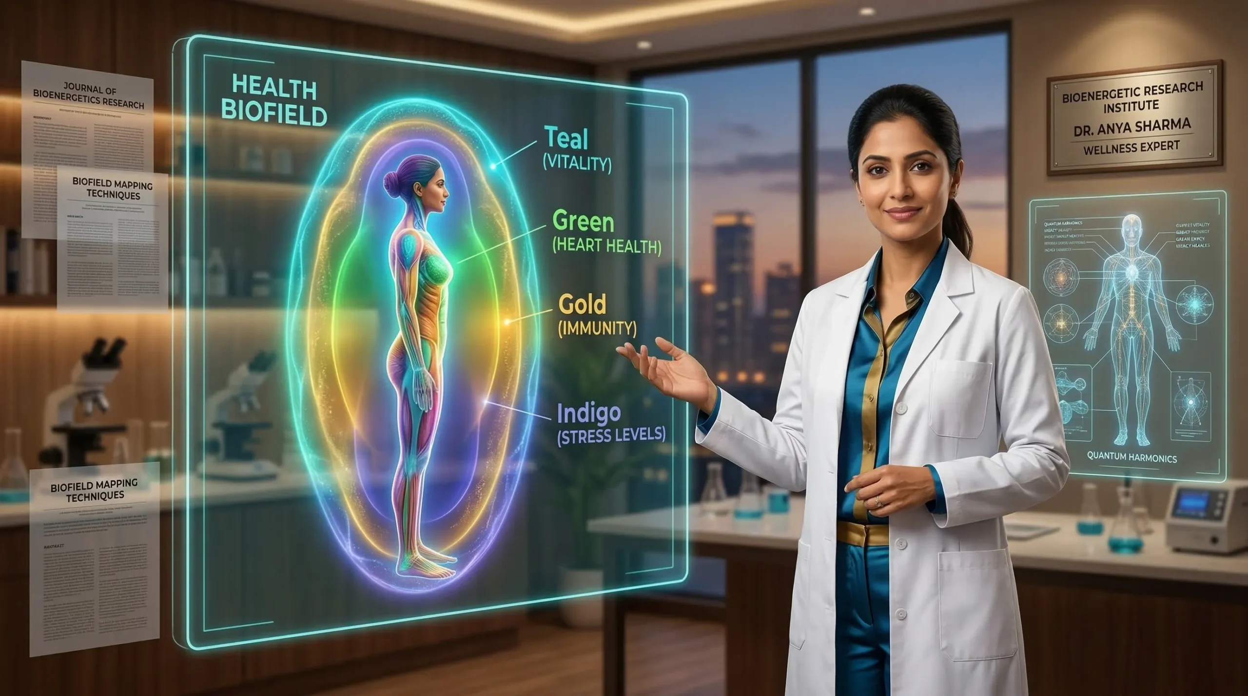 Mukesh Shah presenting the peer-reviewed research that backs aura’s impact on health with a luminous health biofield display showing colour-coded aura zones in teal, green, gold and indigo