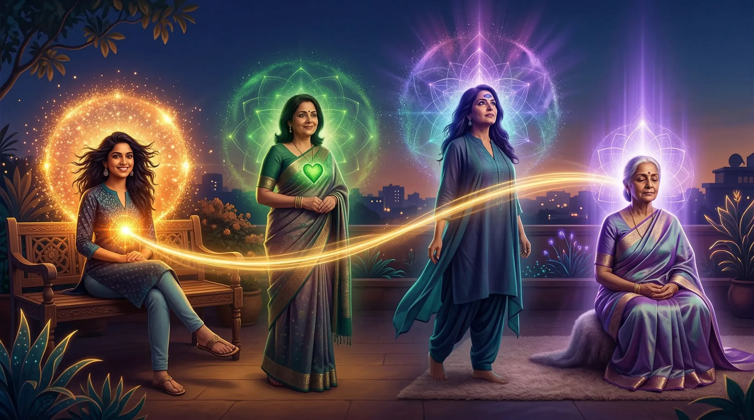 Mukesh Shah illustrating why auras change over time with four life-stage aura fields showing the natural evolution from solar plexus to heart to crown activation in indigo, teal, gold and violet