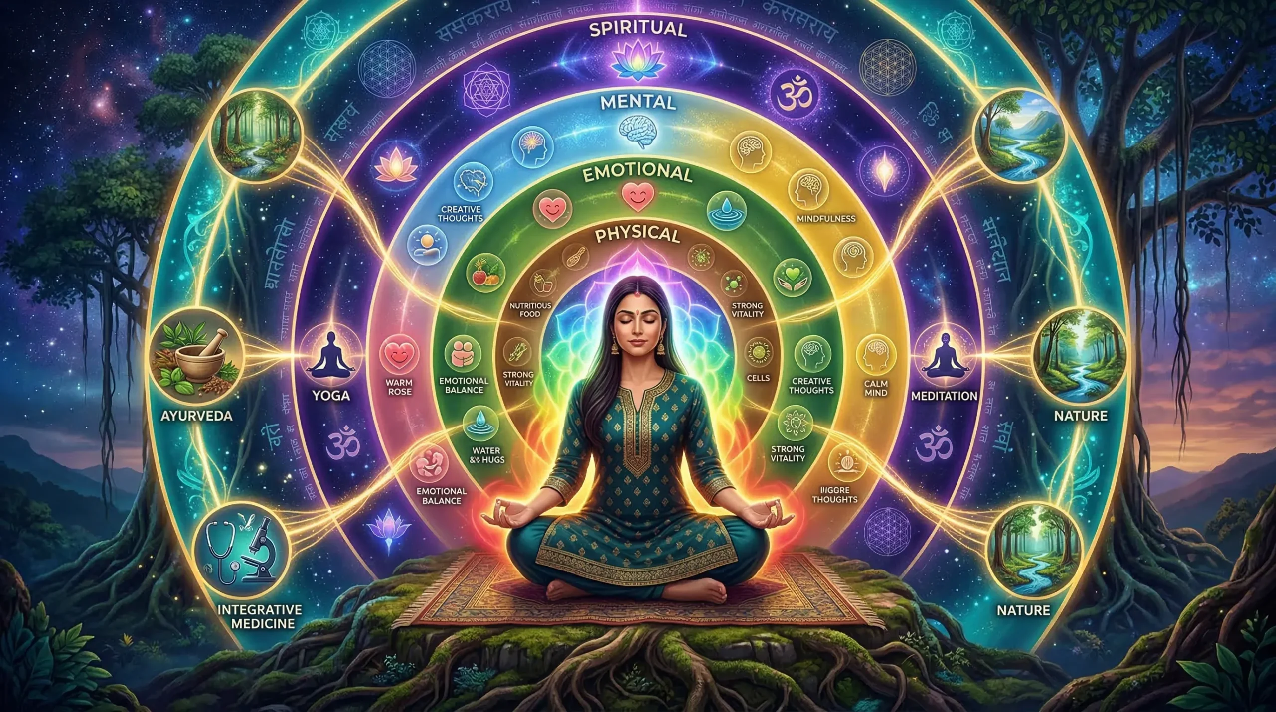 Mukesh Shah illustrating why aura belongs in holistic wellness with a five-dimension wellness mandala unified by a seven-zone aura field in indigo, teal, gold and violet at Aura Photo Science.