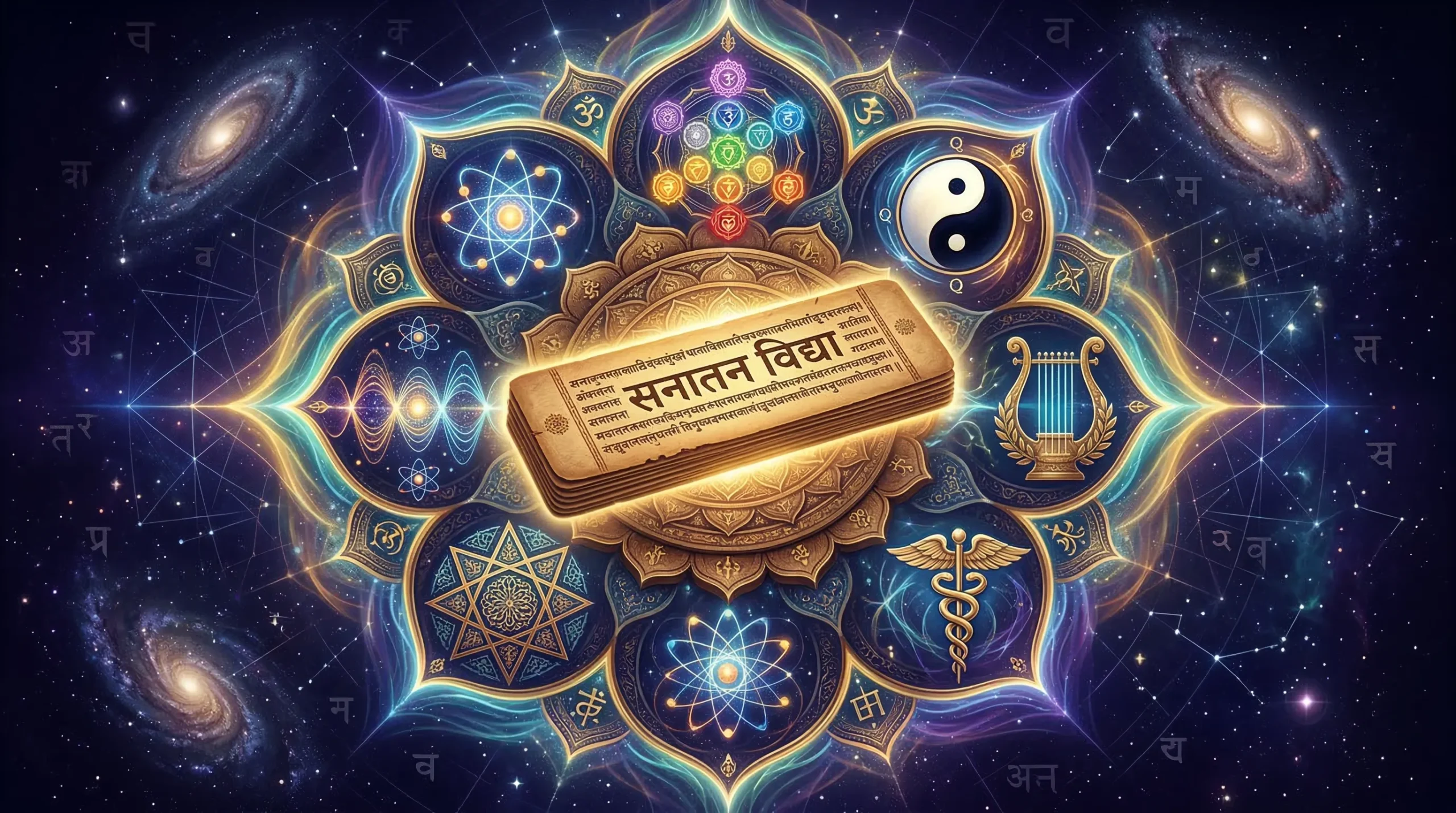 Mukesh Shah illustrating the philosophical roots of aura concepts showing Vedic, Taoist, Greek and Hermetic wisdom traditions unified in a mandala composition in indigo, gold and teal.