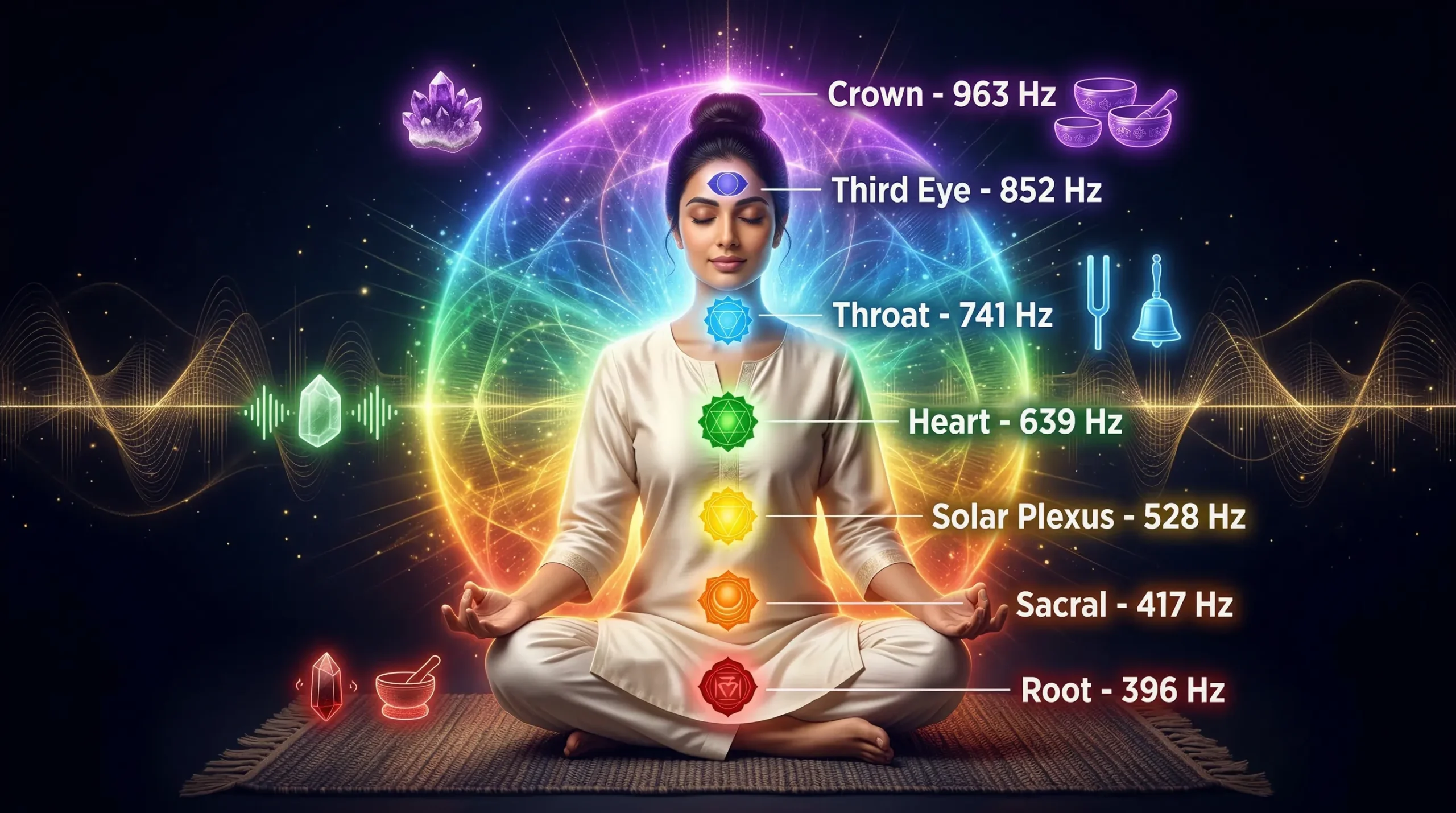 Mukesh Shah illustrating how the aura relates to vibrational medicine showing a seven-zone frequency aura map with corresponding vibrational healing tools in indigo, teal, gold and green.