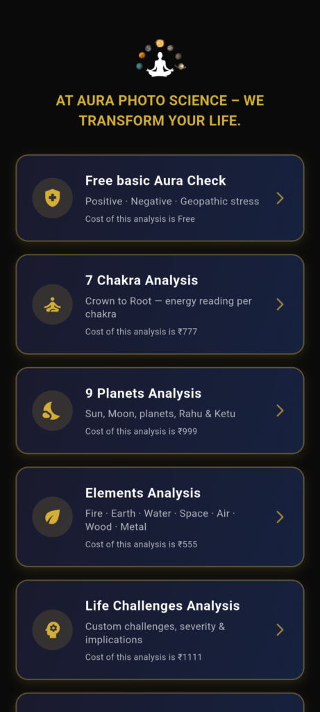 Aura Photo Science Android app showing the analysis menu: Free basic Aura Check, 7 Chakra Analysis, 9 Planets Analysis, Elements Analysis and Life Challenges Analysis with prices